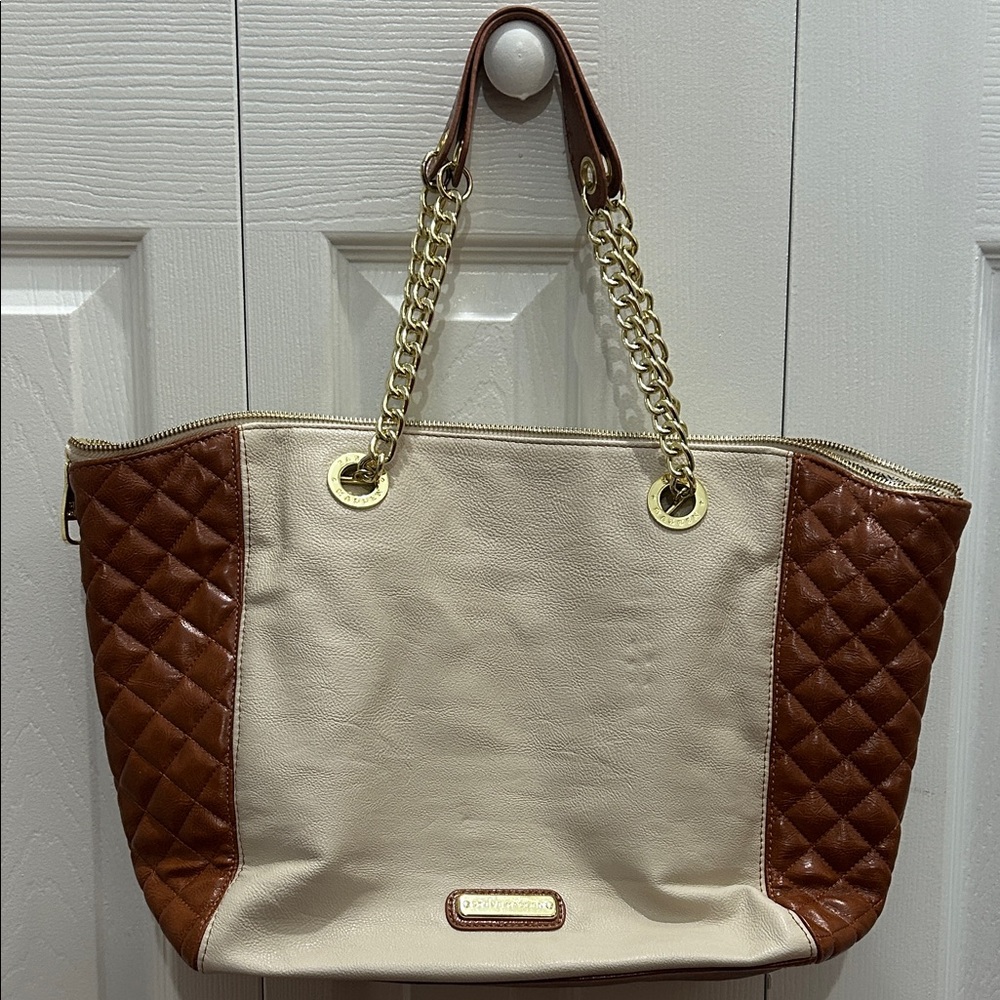 Steve Madden Cream and Brown Quilted leather Tote
